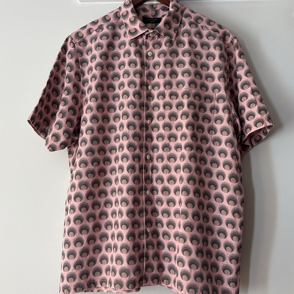 Ted Baker Pegus Retro Spot Print Linen-Blend Button Down Shirt XL Pink - Picture 5 of 8